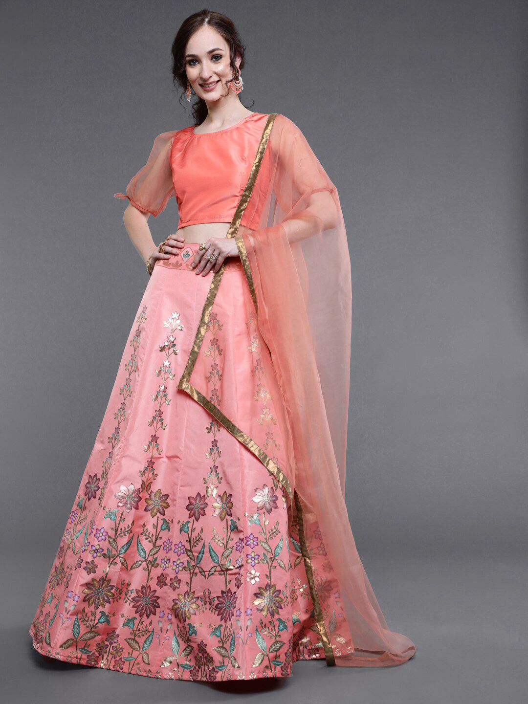 saubhagya Peach-Coloured & Silver-Toned Ready to Wear Lehenga Choli Price in India