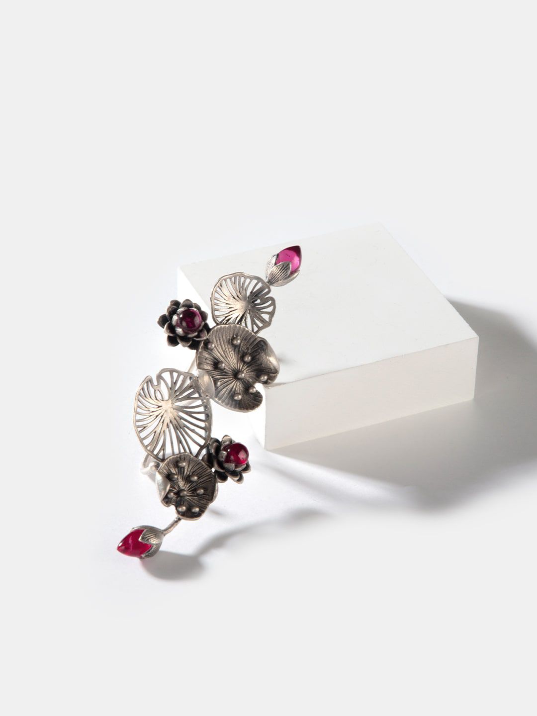 SHAYA Silver-Toned & Pink Stone-Studded Adjustable Finger Ring Price in India