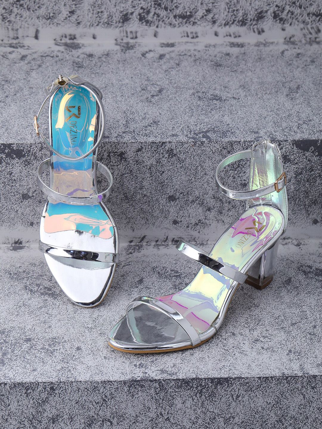 R DEZINO Silver-Toned Block Heels with Buckles Price in India