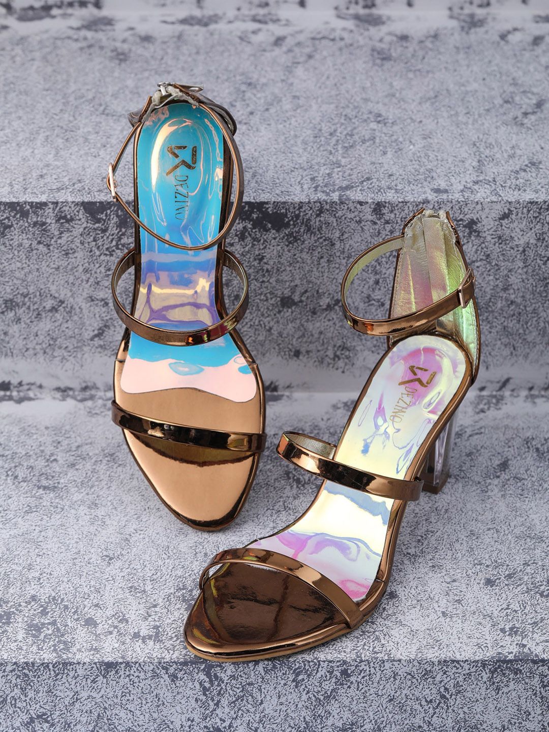 R DEZINO Copper-Toned Block Sandals with Buckles Price in India