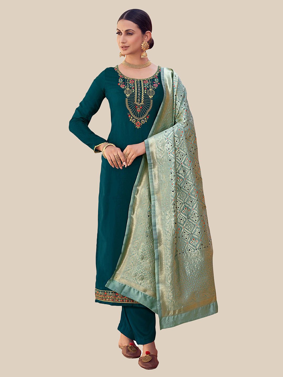 UNITED LIBERTY Teal & Gold-Toned Embroidered Tusser Satin Semi-Stitched Dress Material Price in India