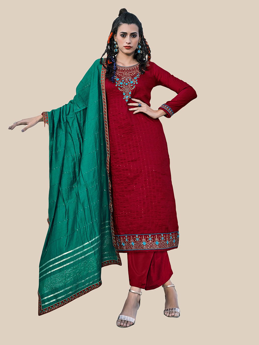 UNITED LIBERTY Maroon & Green  women Embroidered Art Silk Semi-Stitched  Dress Material Price in India