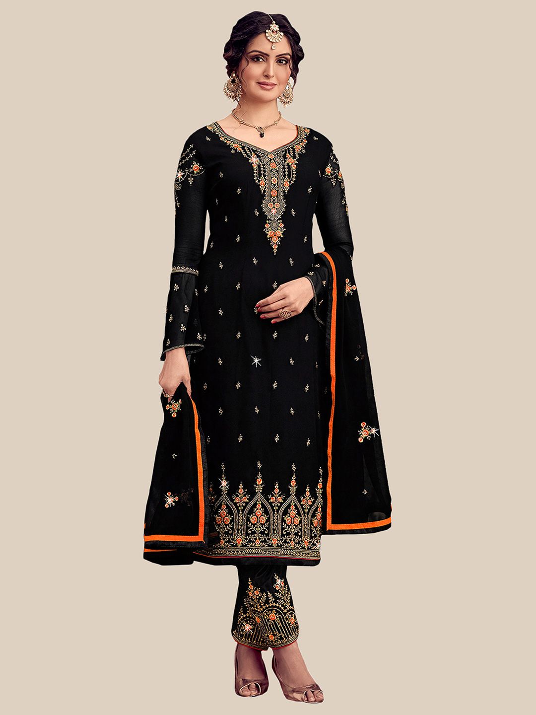 UNITED LIBERTY Black & Orange Embroidered Semi-Stitched Dress Material Price in India