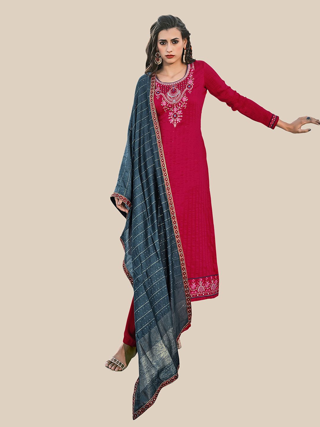 UNITED LIBERTY Maroon & Grey Embroidered Art Silk Semi-Stitched Dress Material Price in India