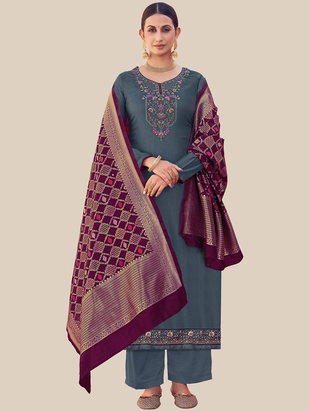 UNITED LIBERTY Grey & Purple Embroidered Satin Semi-Stitched Dress Material Price in India