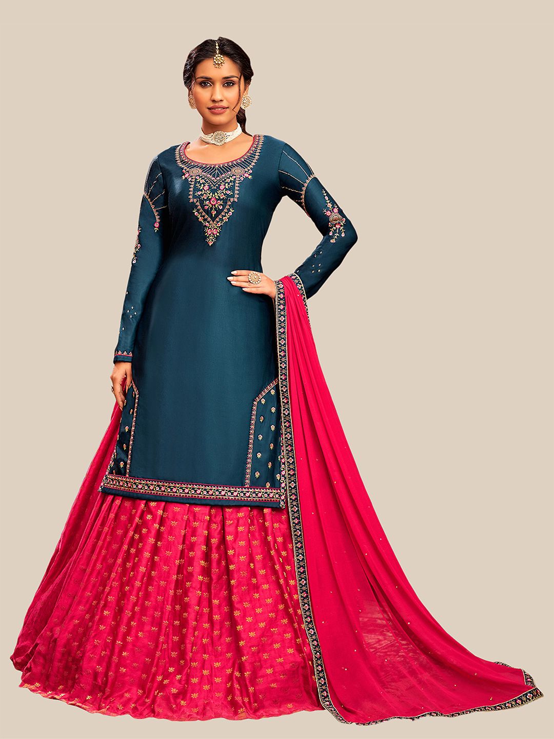 UNITED LIBERTY Teal Blue & Fuchsia Pink Embroidered Satin Semi-Stitched Dress Material Price in India