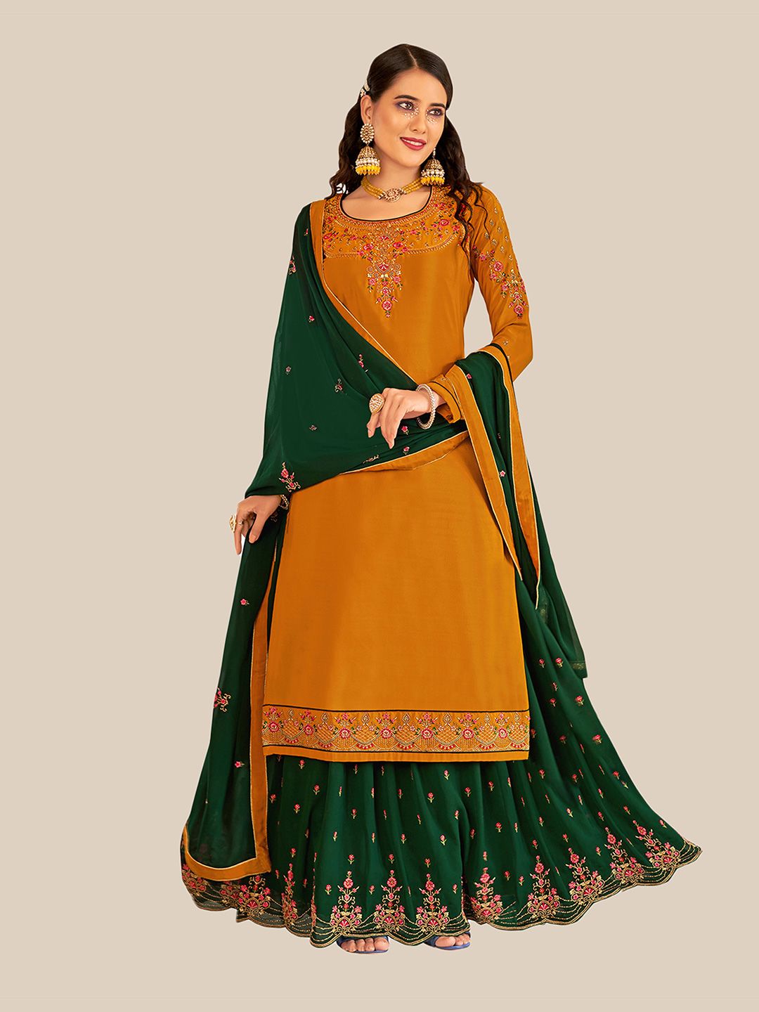 UNITED LIBERTY Brown & Green Embroidered Semi-Stitched Dress Material Price in India