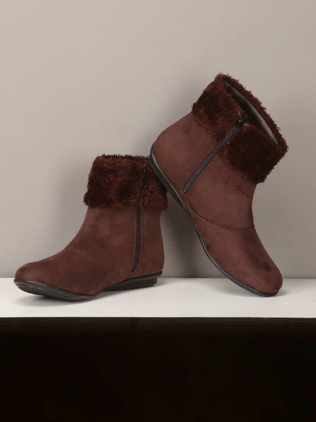 Monrow Women Brown Suede Faux Fur Trim Winter Boots Price in India