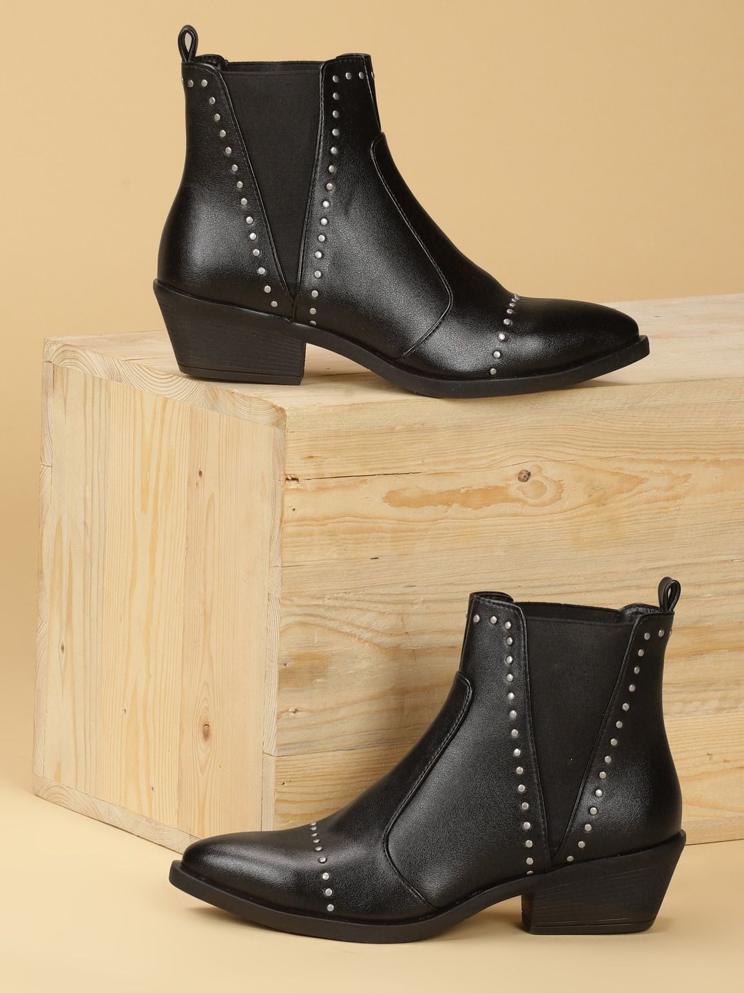 Monrow Black Embellished PU Block Heel Boots Price in India