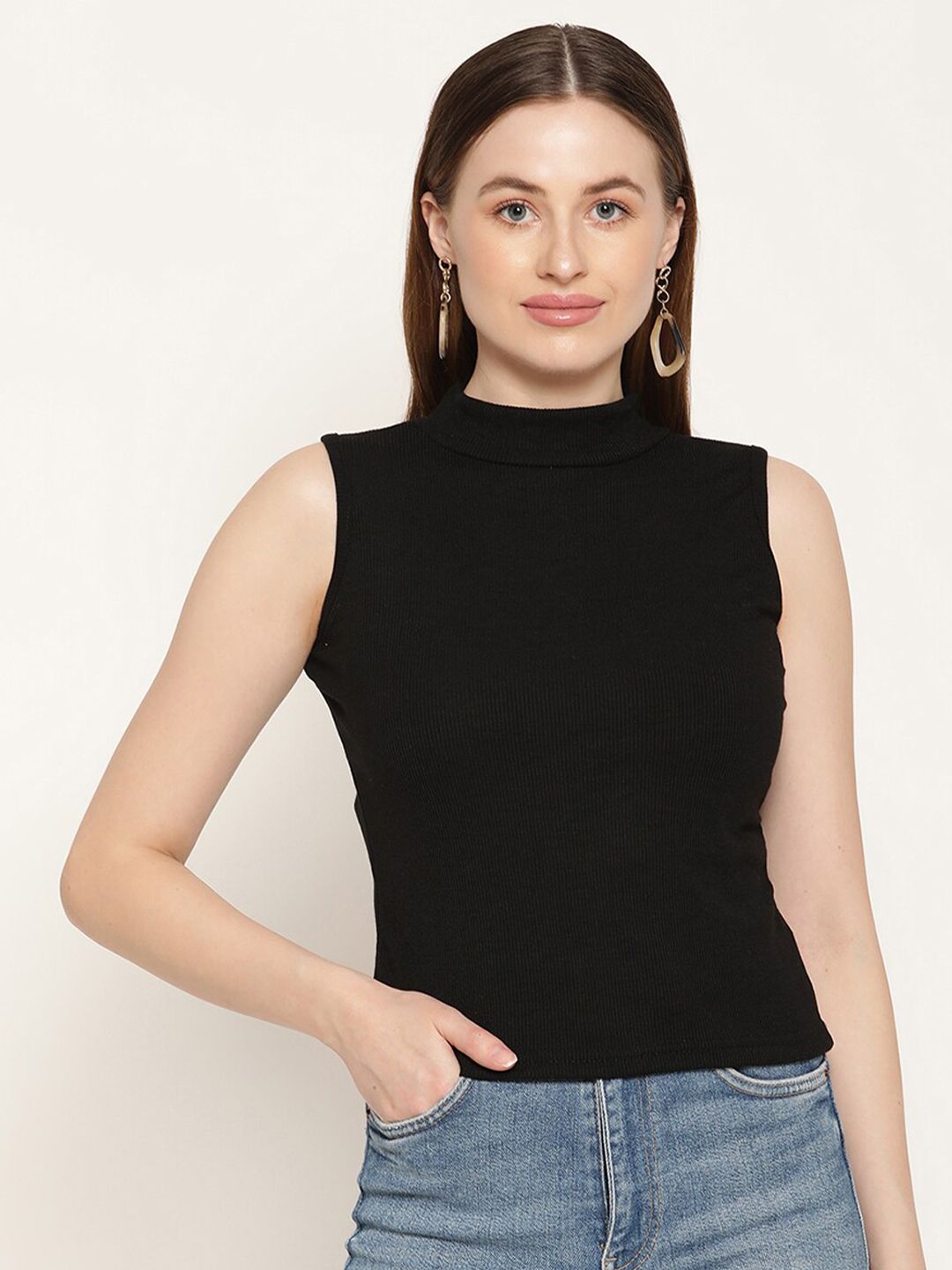 Miaz Lifestyle Black Sleeveless Organic Cotton Fitted Top
