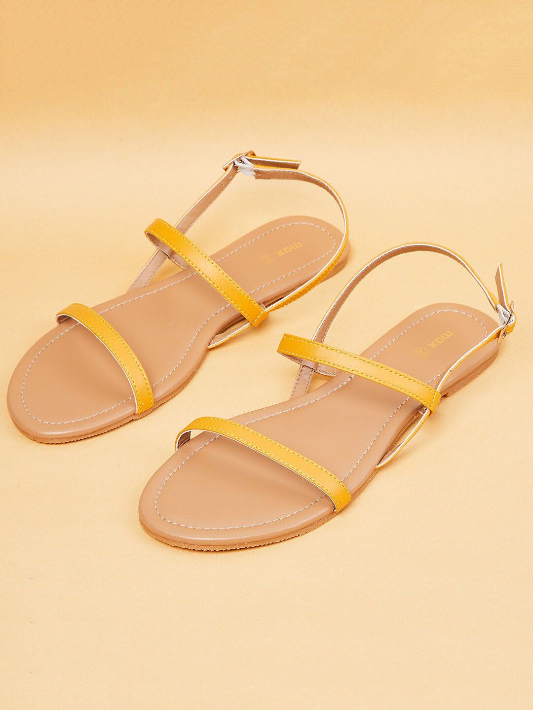 max Women Mustard Yellow Open Toe Flats with Bows Price in India