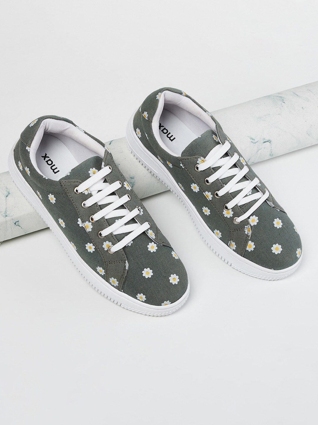 max Women Olive Green & White Printed Sneakers Price in India