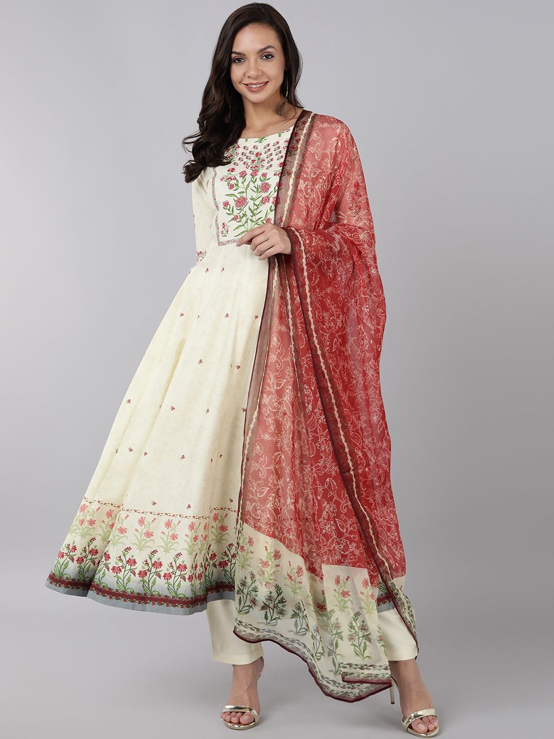 AHIKA Women Beige Floral Printed Empire Kurta with Trousers & With Dupatta