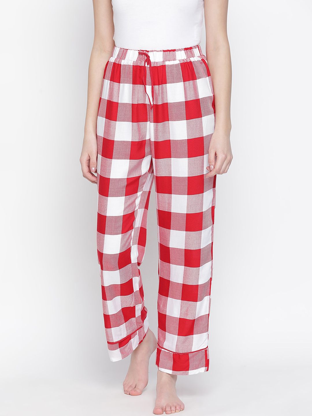 Oxolloxo Women Red & White Checked Lounge Pants Price in India