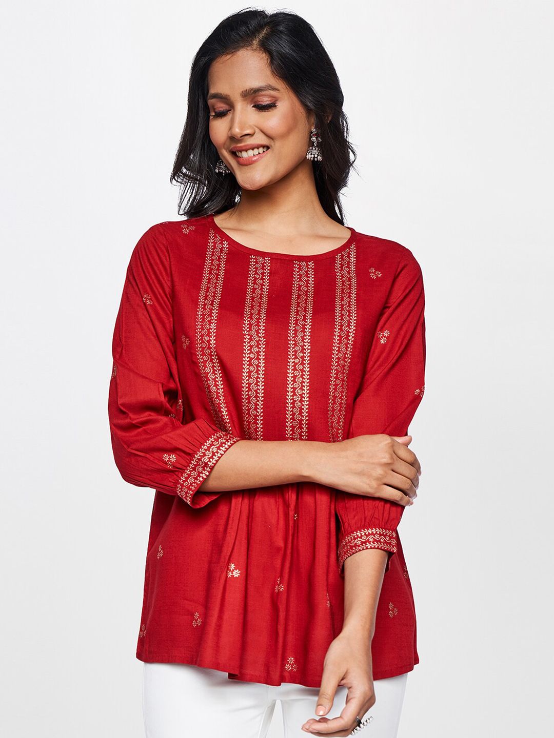 itse Maroon & Golden Printed A-Line Top