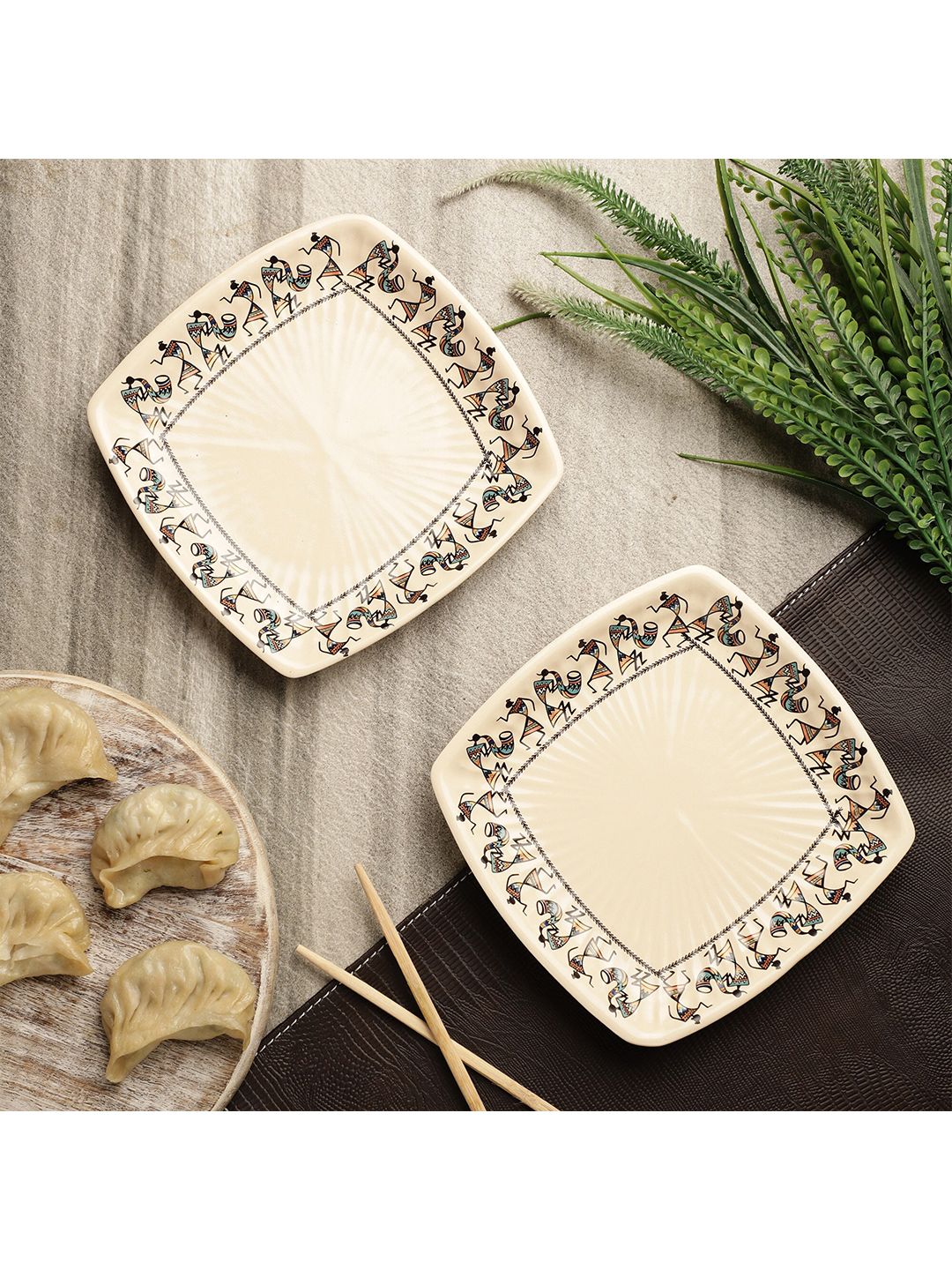 The Decor Mart Beige & Black Ethnic Motifs Printed Ceramic Glossy Plates 2Pcs Price in India