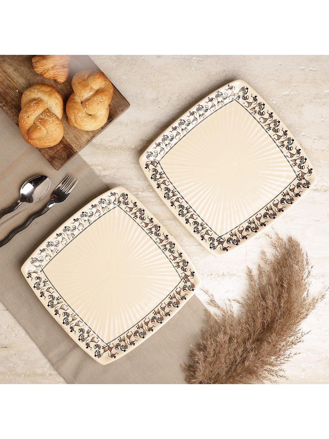 The Decor Mart Beige & Black Set of 2 Ethnic Motifs Printed Ceramic Glossy Plates Price in India
