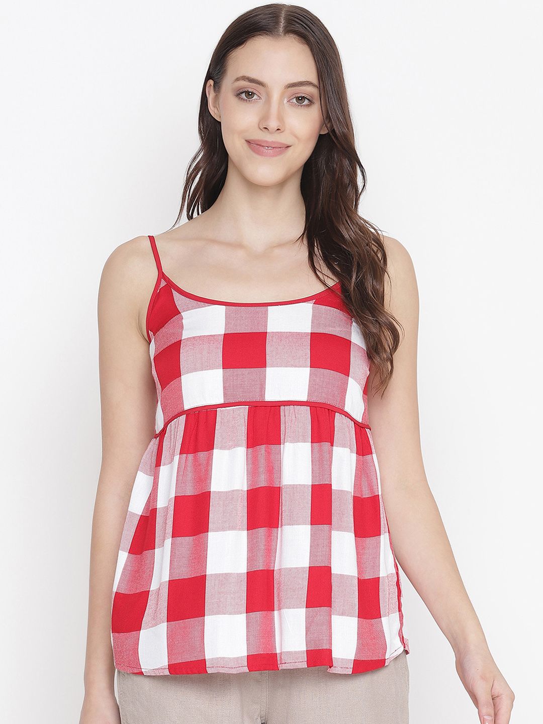Oxolloxo Red & White Checked Shoulder Straped Crepe Night Wear Top Price in India