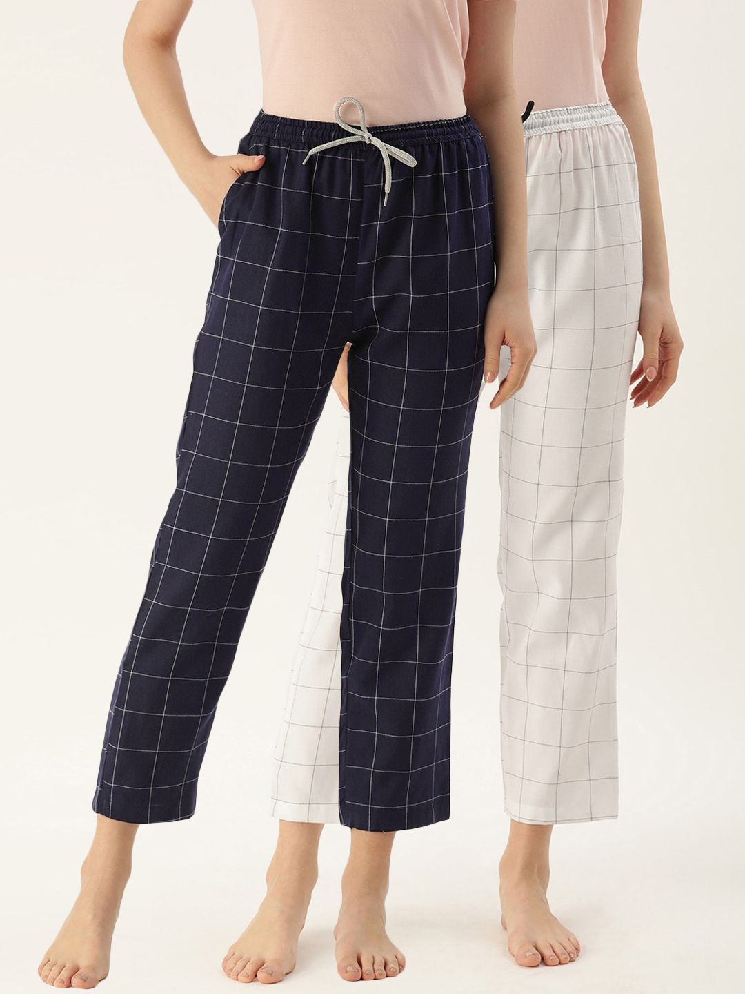 Kryptic Women's White and Navy Blue Pack Of 2 Checked Lounge Pants Price in India