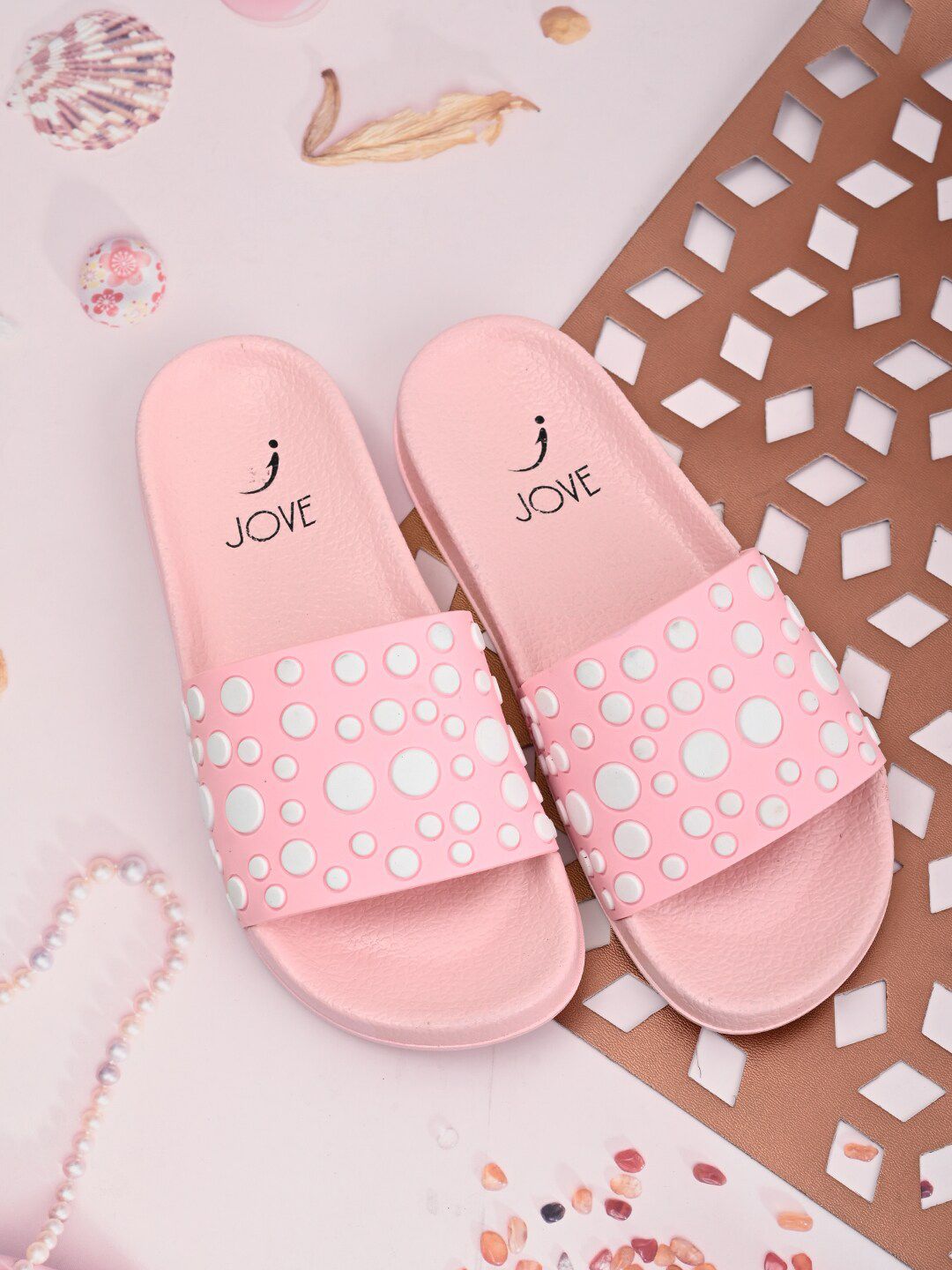 Jove Women Pink & White Sliders Price in India