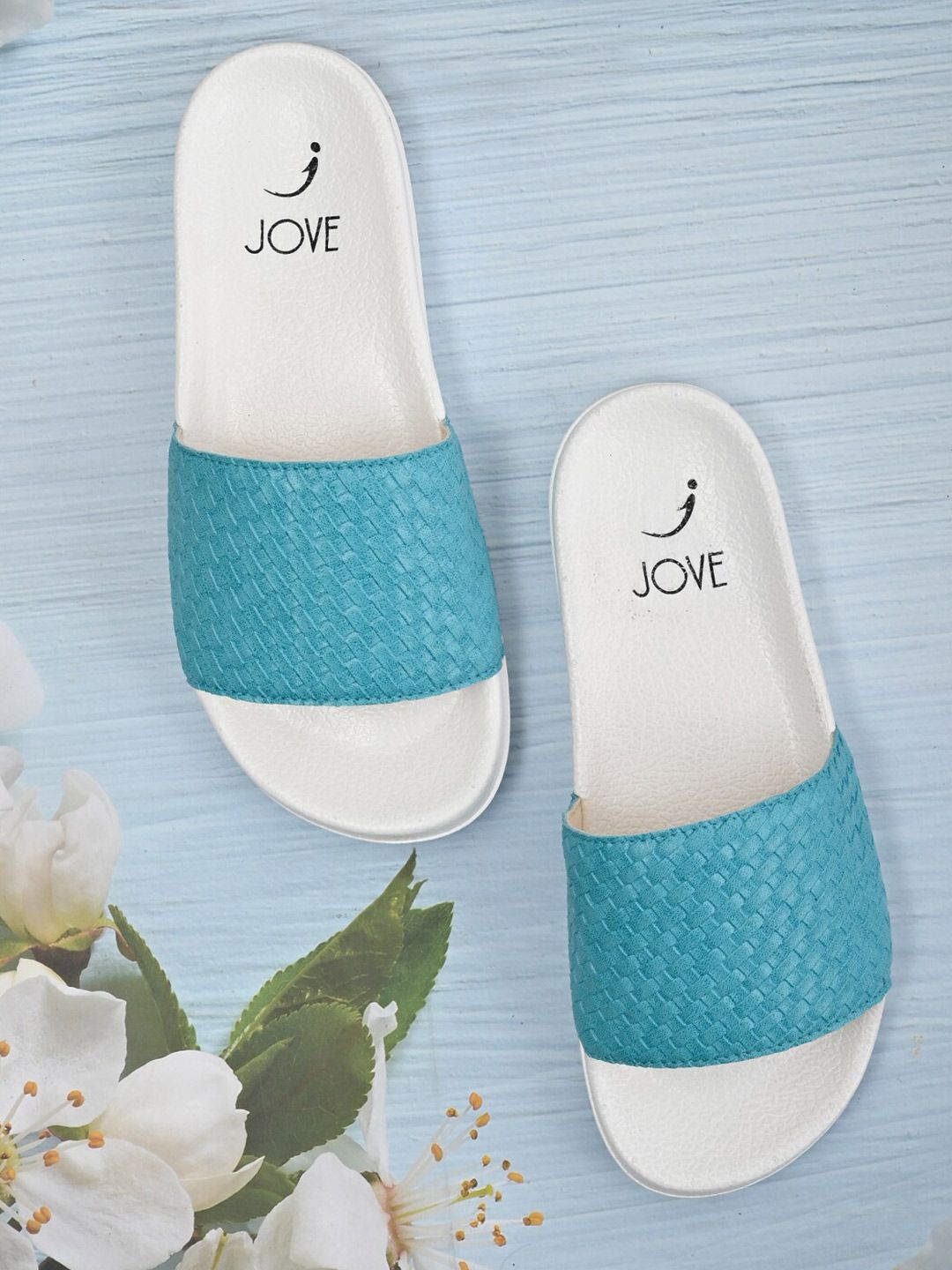 Jove Women Turquoise Blue & White Sliders Price in India