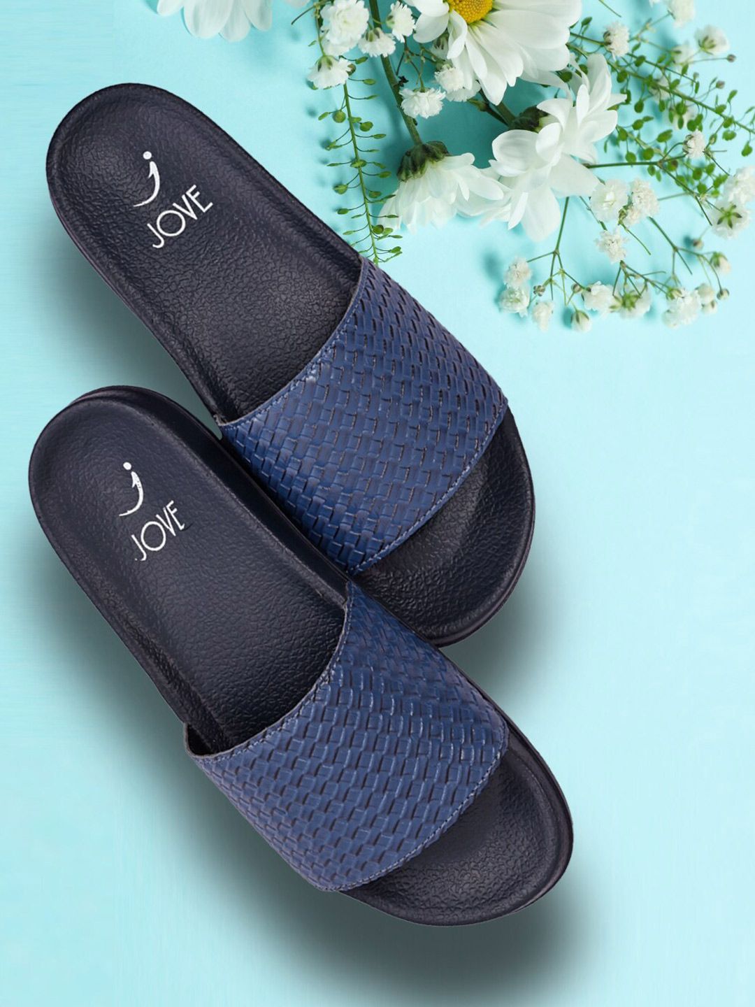 Jove Women Blue & Black Printed Sliders Price in India