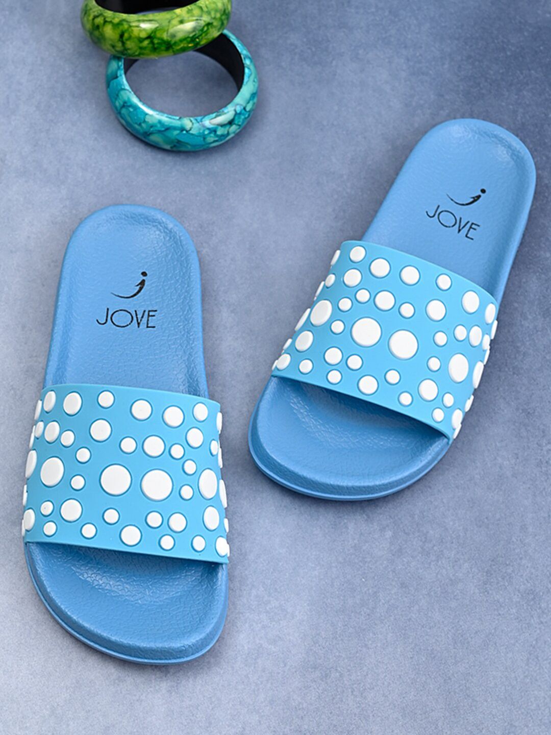 Jove Women Turquoise Blue & White Sliders Price in India