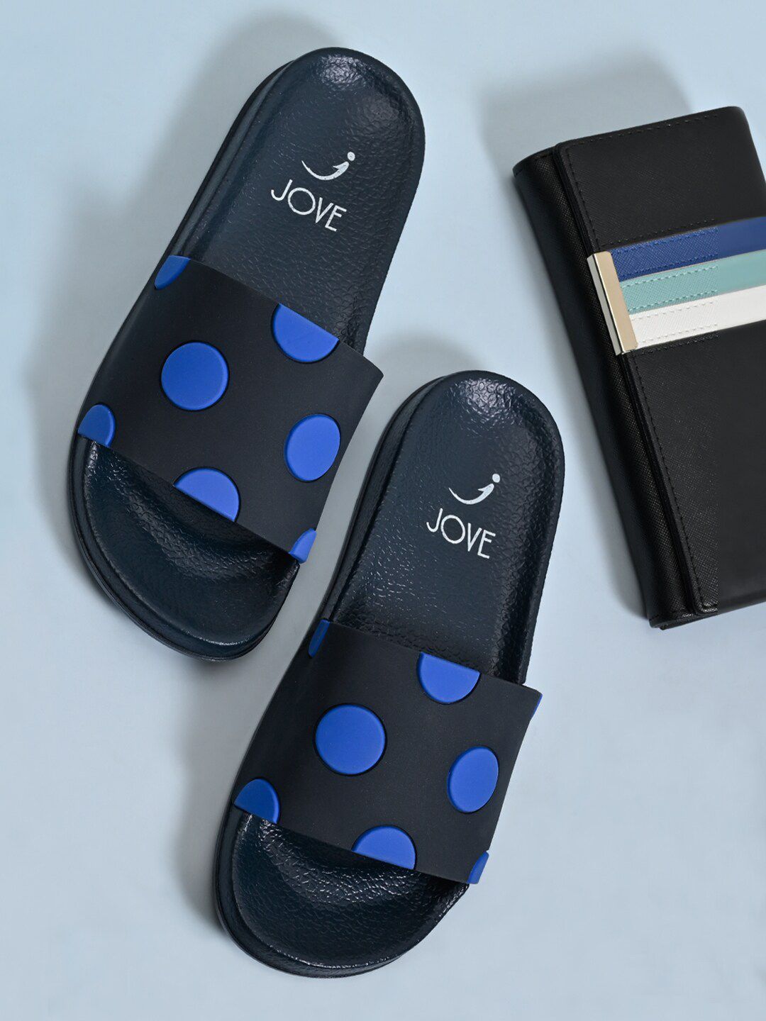 Jove Women Blue & Black Polka Dots Printed Sliders Price in India