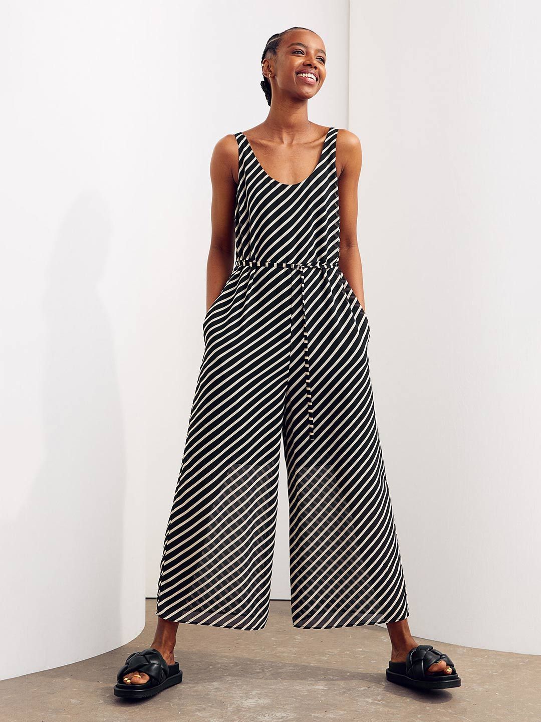 H&M Women Black & Beige Striped Chiffon Jumpsuit Price in India