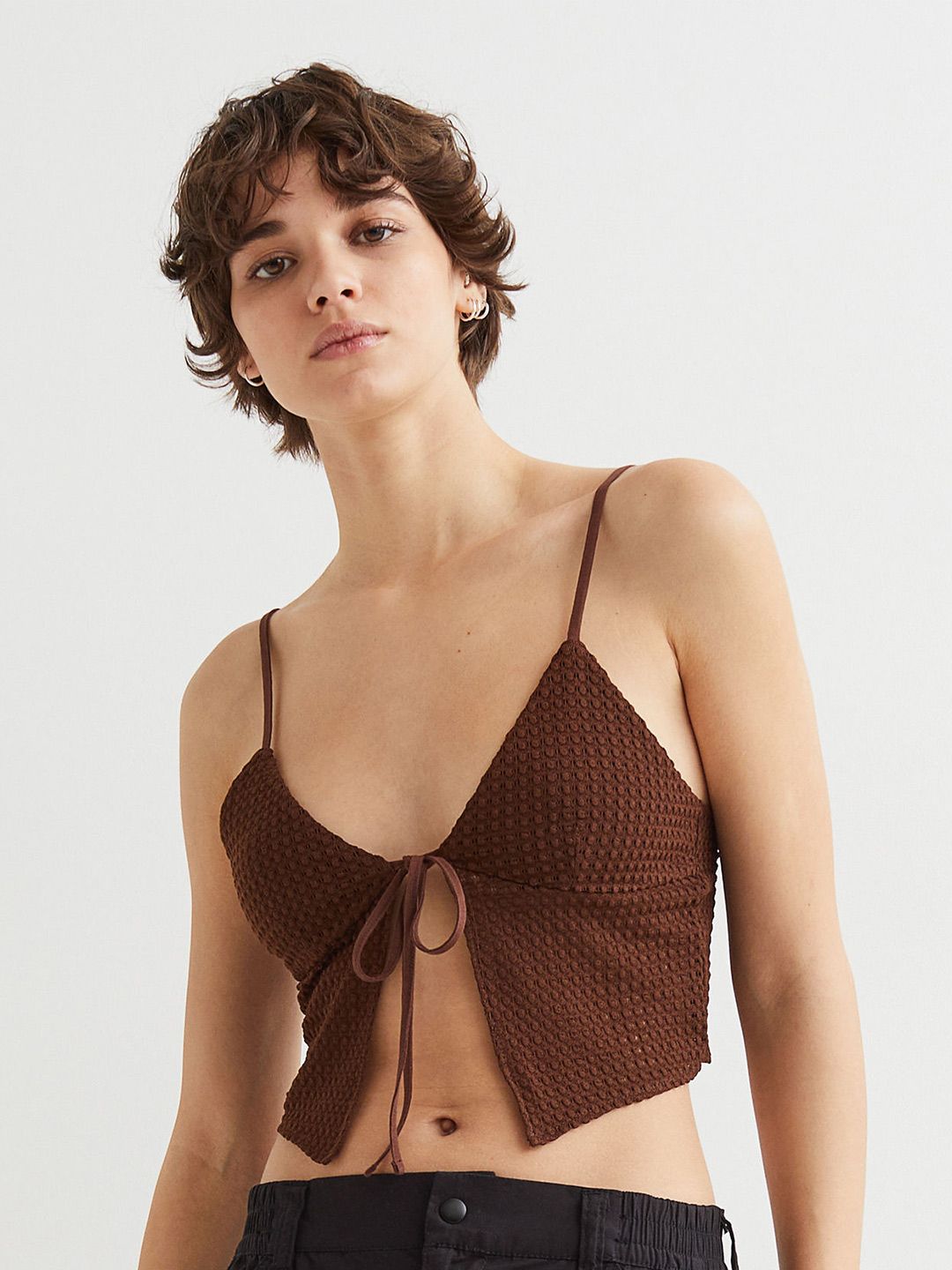 H&M Women Brown Knitted Tie-Detail Top