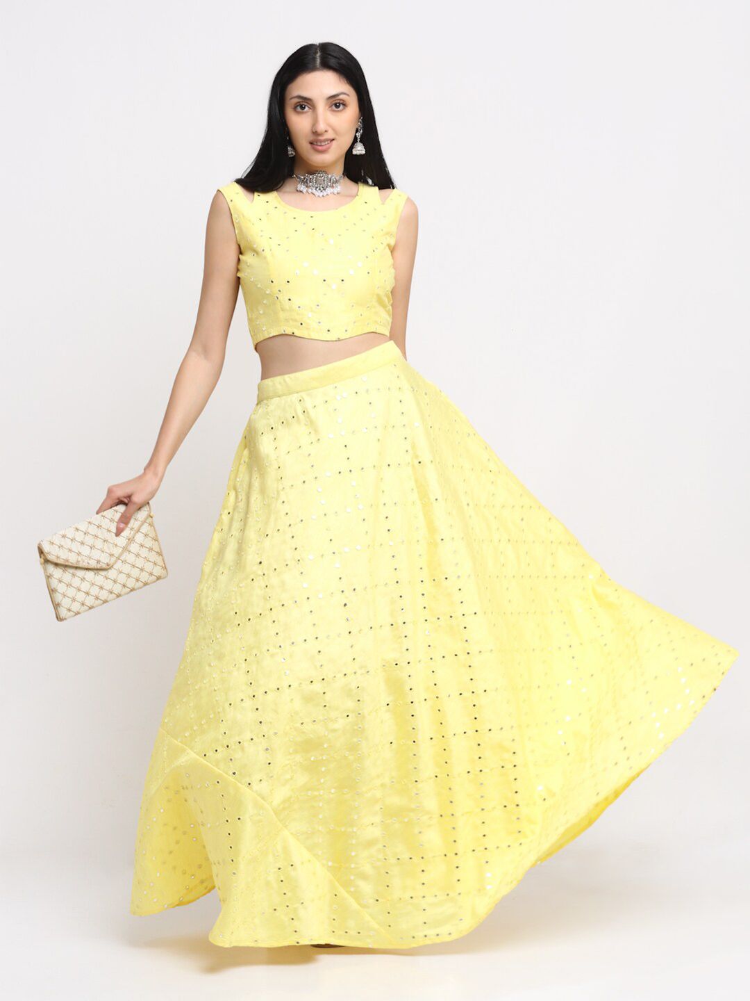NEUDIS Women Yellow Mirror Work Dupion Silk Flared Maxi Lehenga Skirt With Top Co-Ords Price in India