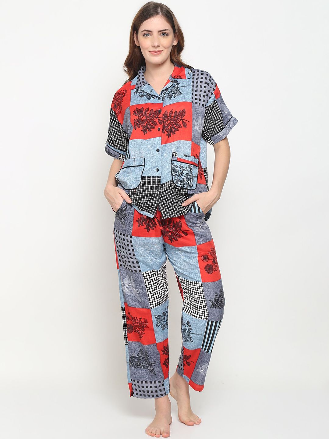 GRACIT Women Grey & Red Printed Pure Cotton Night suit Price in India