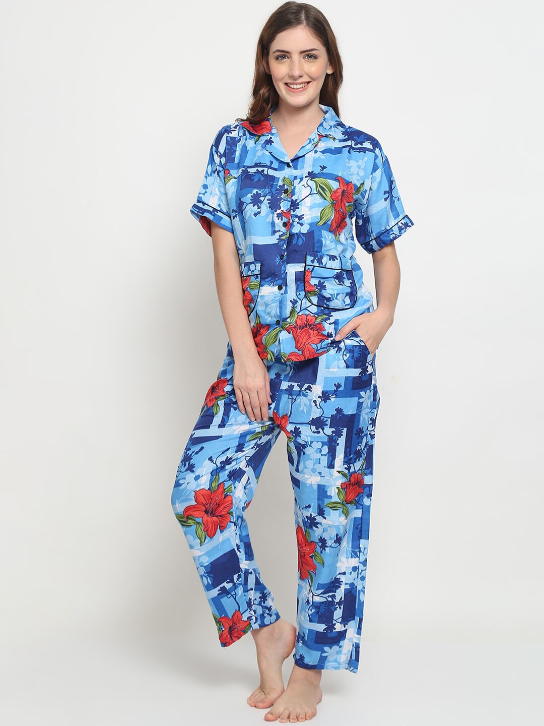 GRACIT Women Blue & Red Printed Cotton Night Suit Price in India