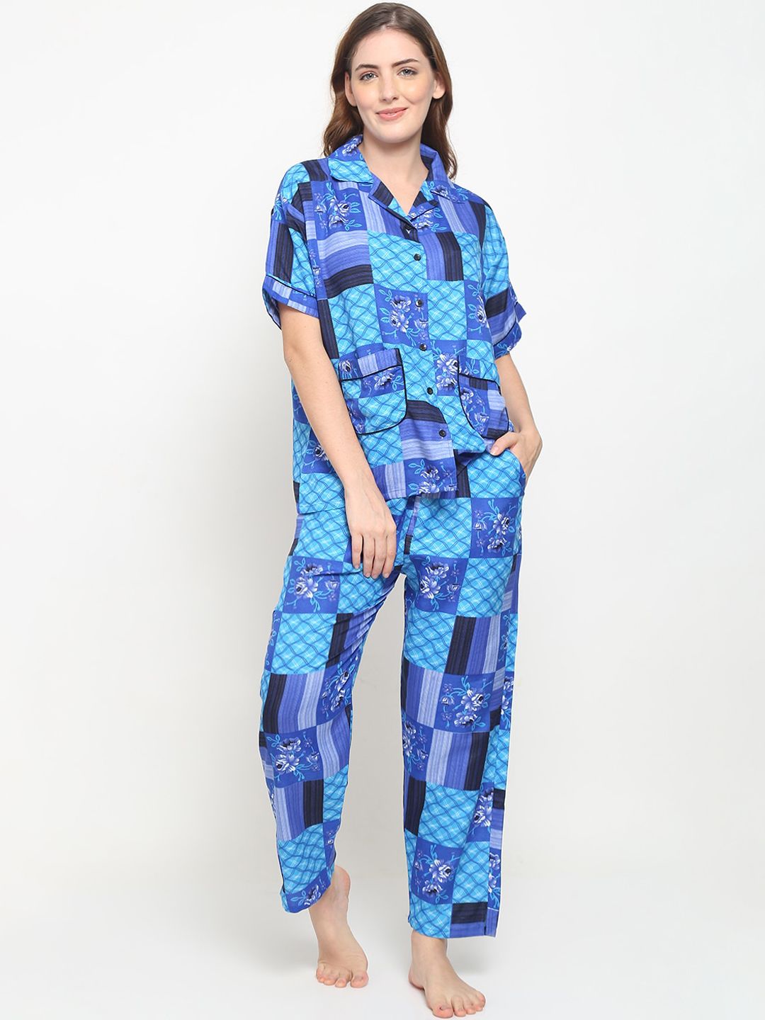GRACIT Women Blue Printed Pure Cotton Night suit Price in India