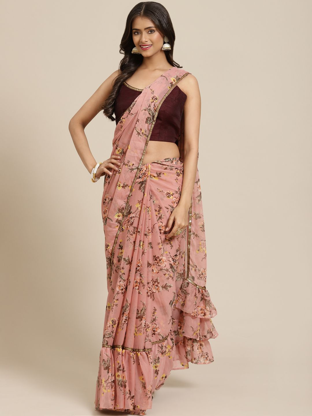 Inddus Pink Floral Saree