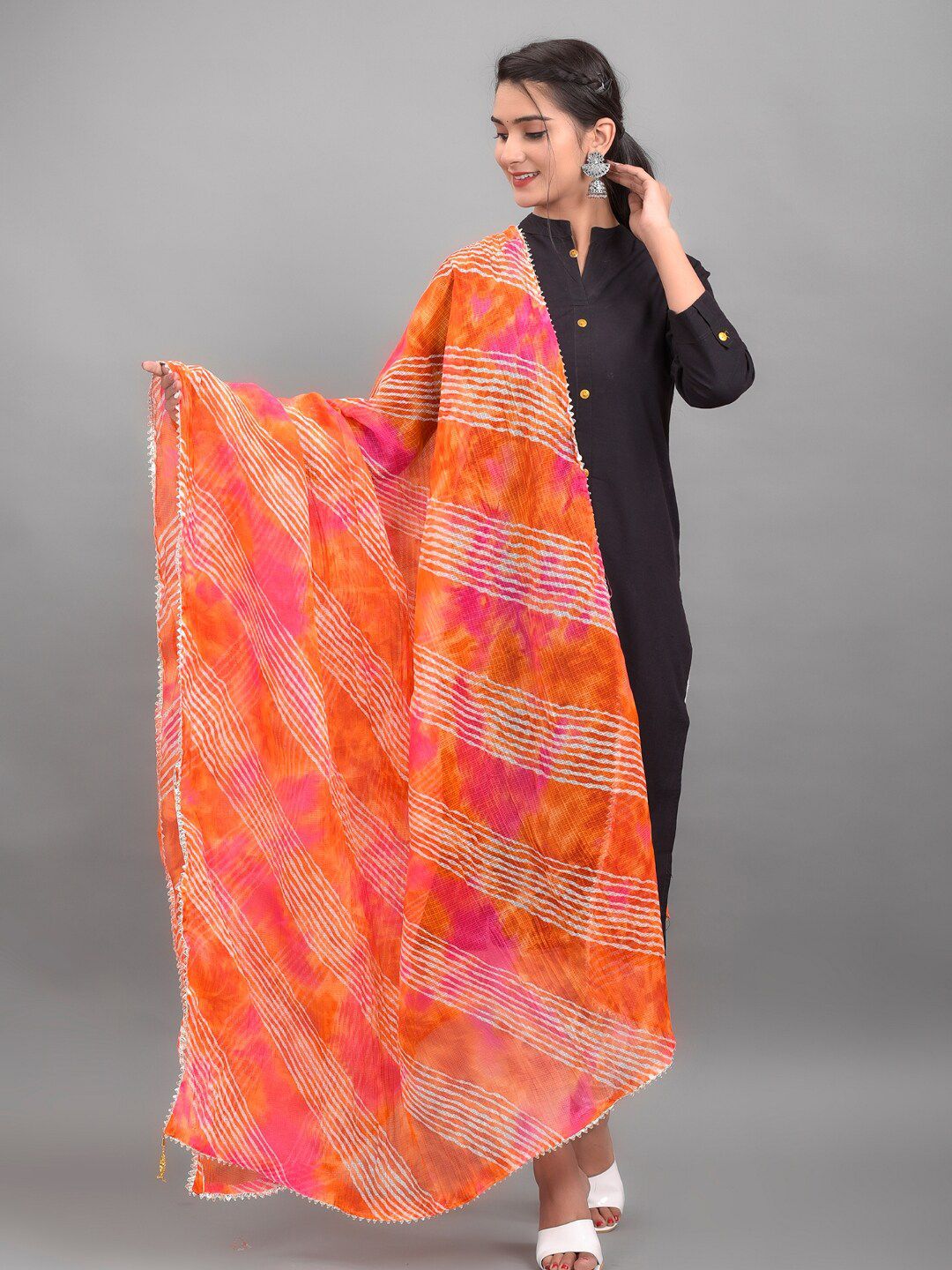 Apratim Pink & Orange Printed Leheriya Dupatta Price in India