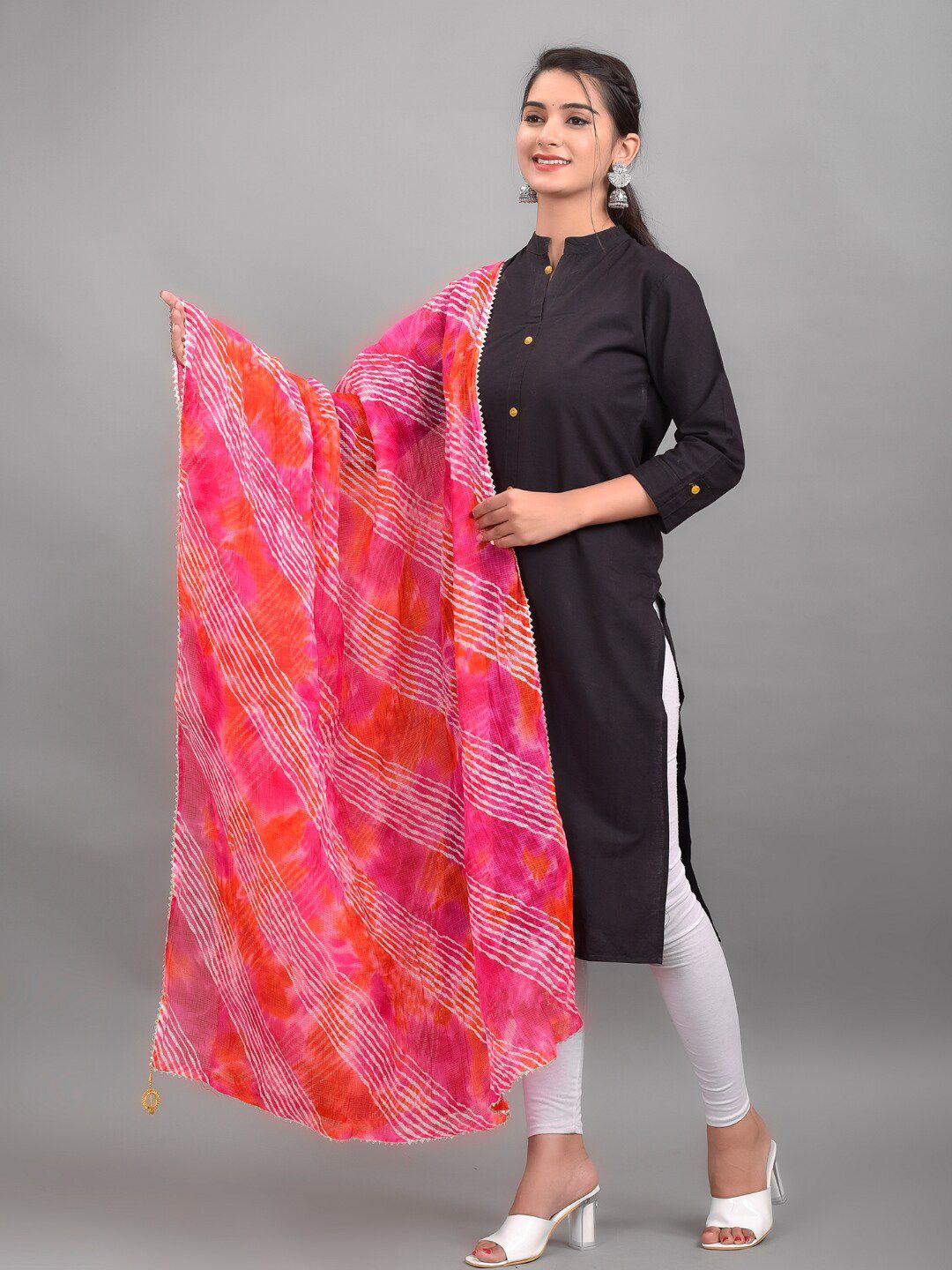 Apratim Women Pink & Orange Dyed Leheriya Dupatta Price in India