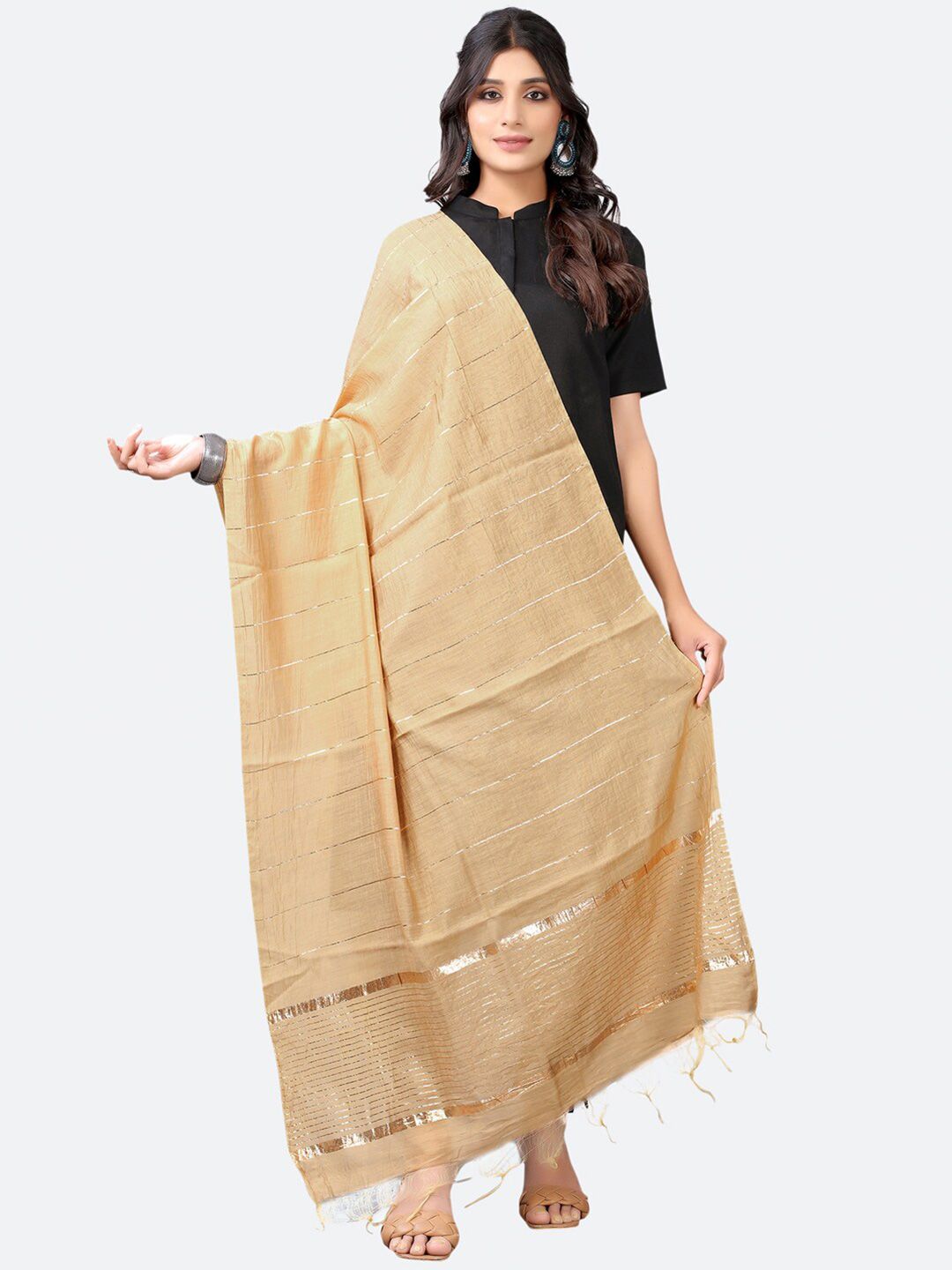 SIRIL Gold-Toned Striped Cotton Blend Dupatta with Zari Price in India