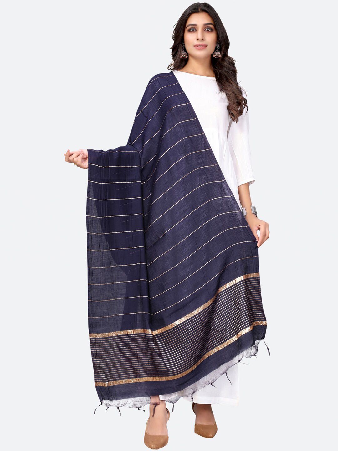 SIRIL Navy Blue & Gold-Toned Cotton Blend Striped Dupatta Price in India