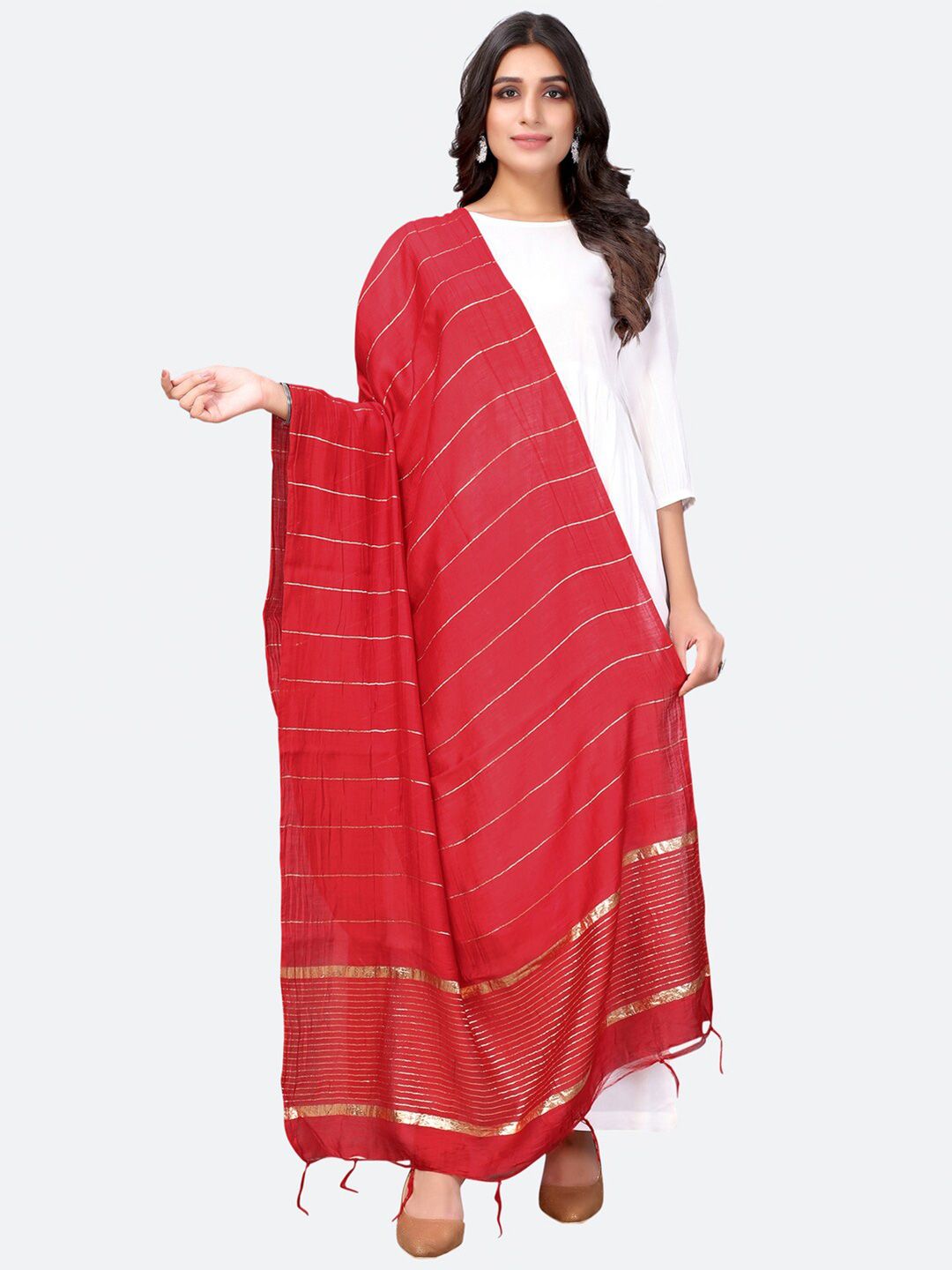 SIRIL Women Red & Gold-Toned Striped Cotton Blend Dupatta Price in India