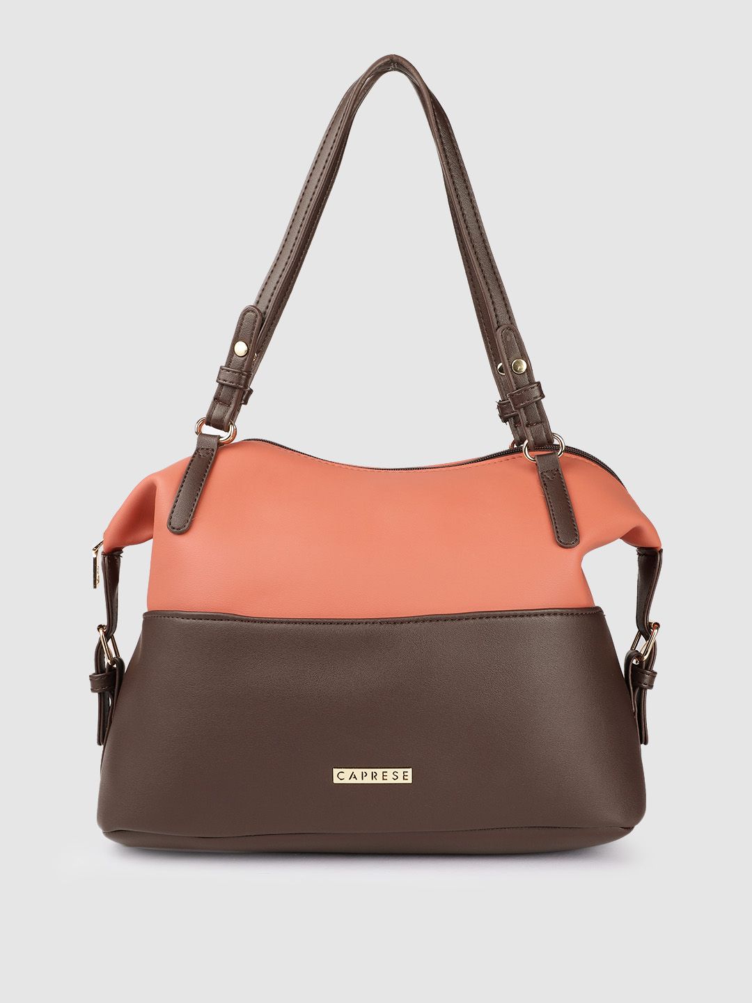 Caprese Peach-Coloured and Brown Colourblocked Leather Structured Shoulder Bag Price in India