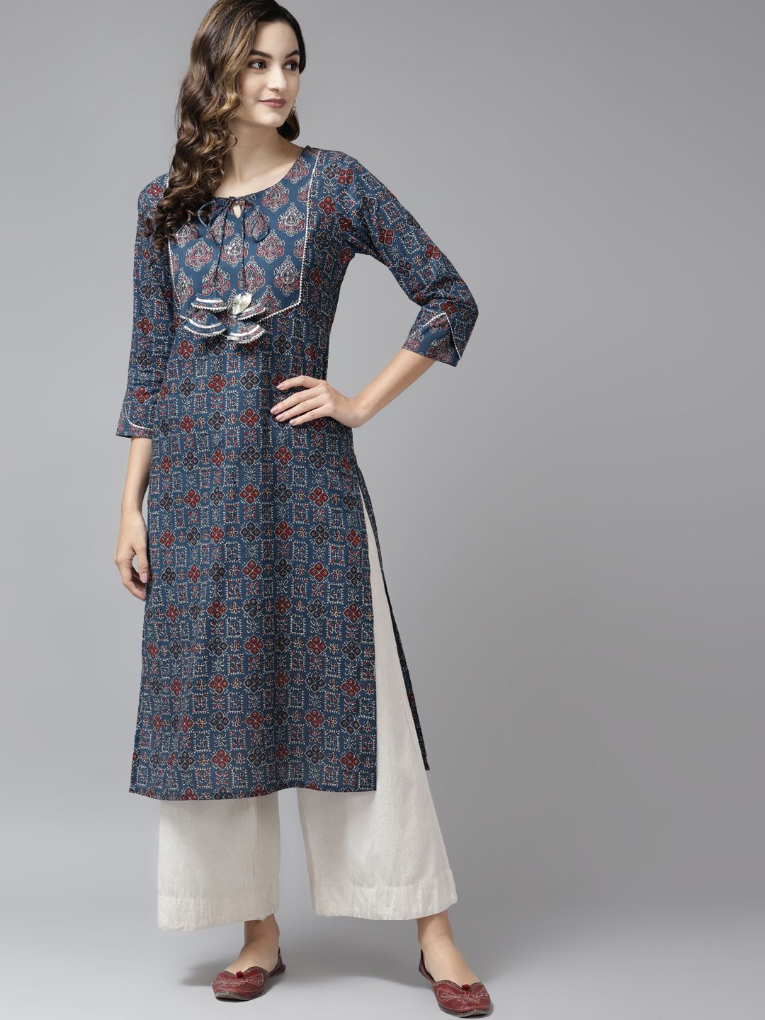 Yufta Women Blue & Maroon Pure Cotton Printed Kurta Price in India