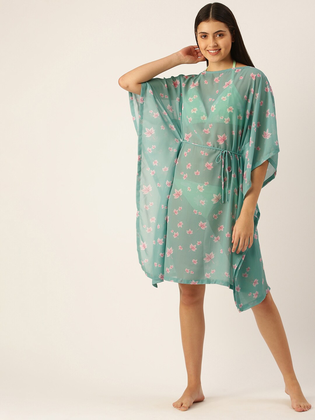 Clt.s Women Green & Pink Leaf Print Beach Cover-up Kaftan Dress Price in India