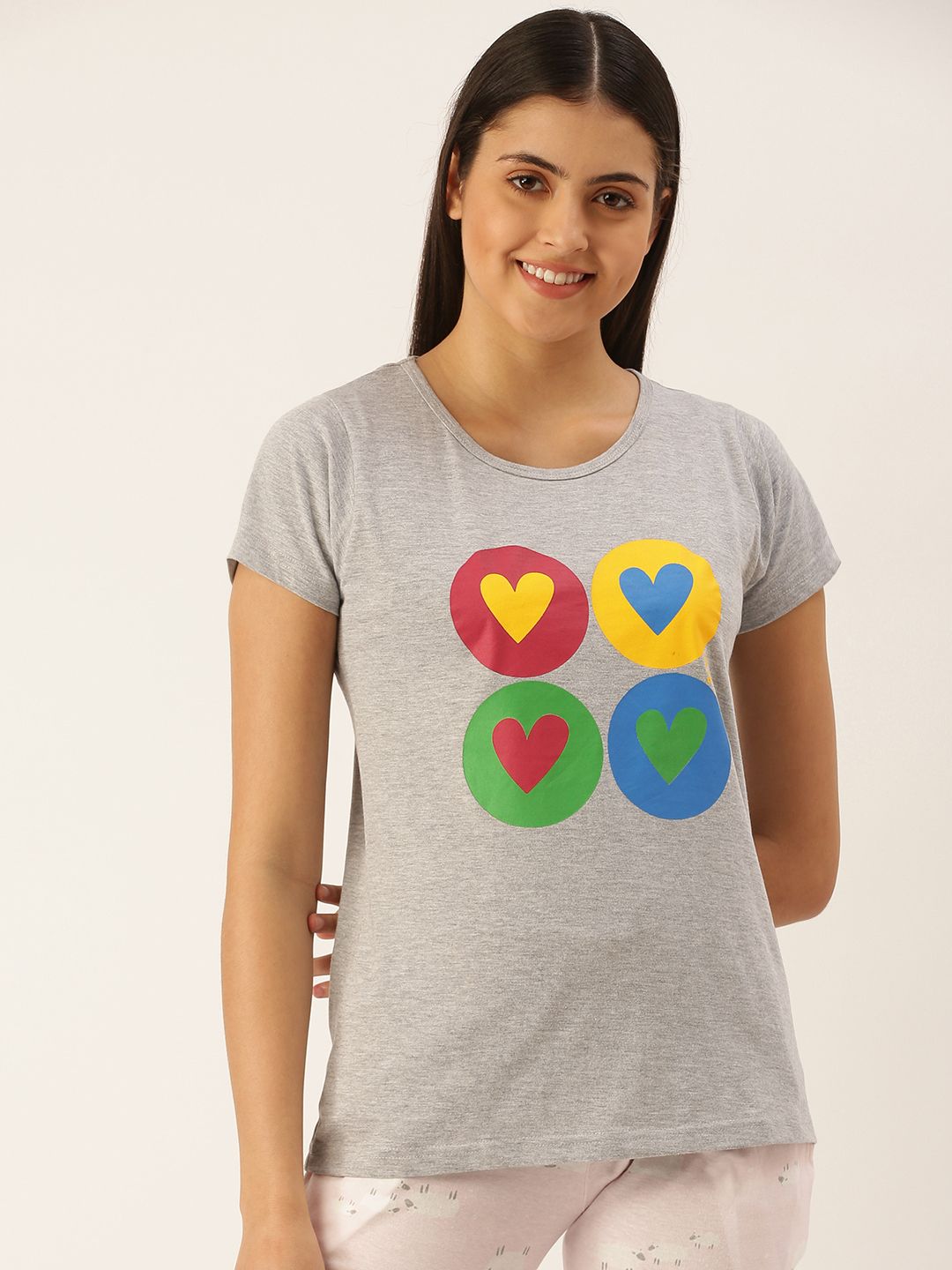 Clt.s Women Grey Melange Pure Cotton Graphic Printed Lounge T-shirt Price in India