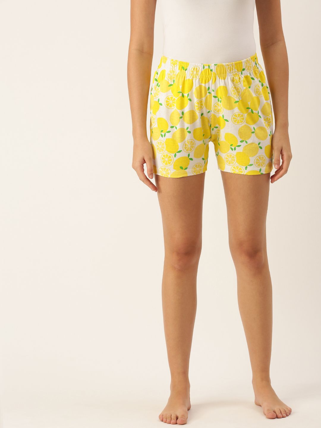 Clt s Women White & Yellow Pure Cotton Conversational Printed Lounge Shorts Price in India