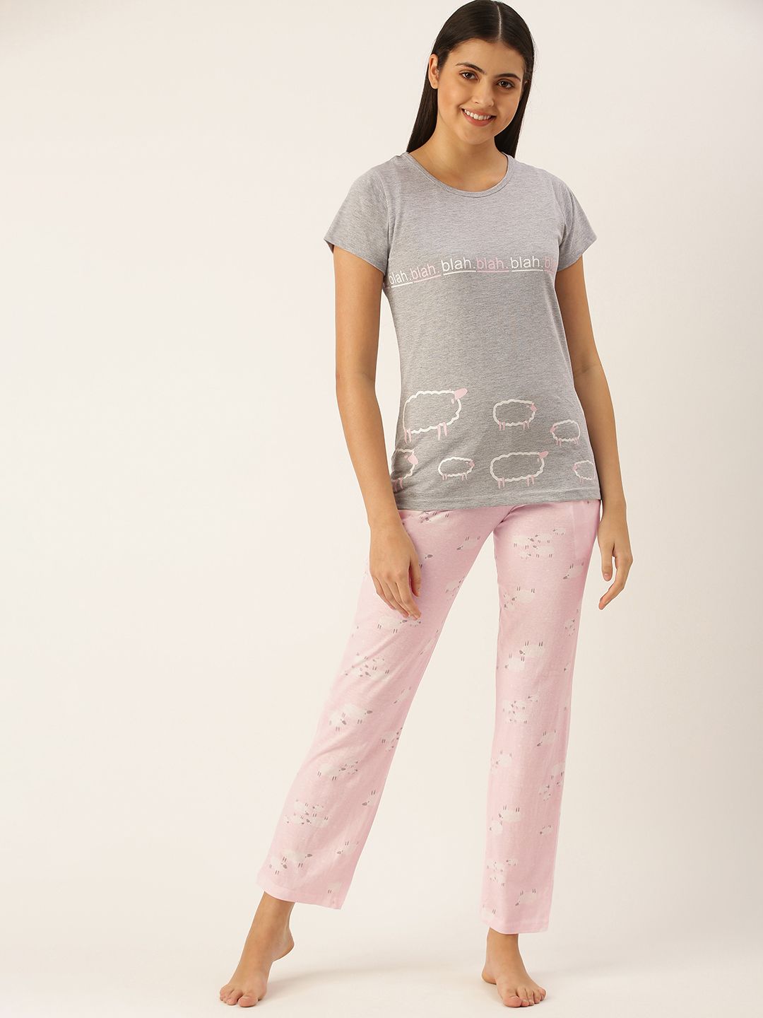 Clt s Women Grey Melange & Pink Pure Cotton Graphic Printed Pyjama Set Price in India
