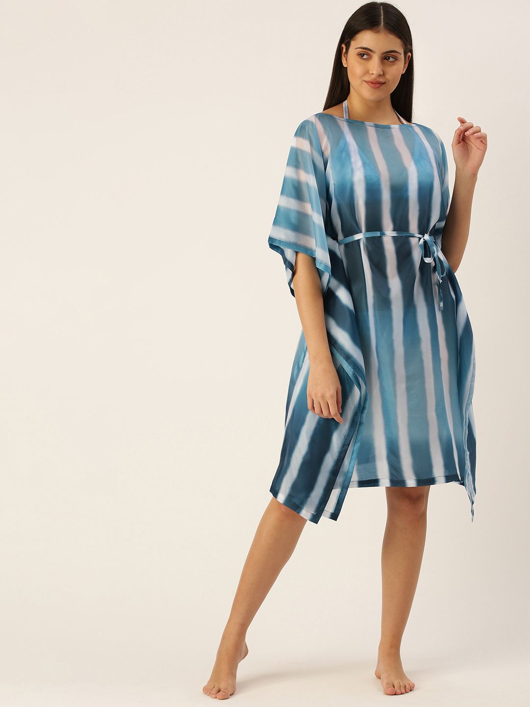 Clt.s Women Blue & White Striped Beach Cover-up Kaftan Dress Price in India