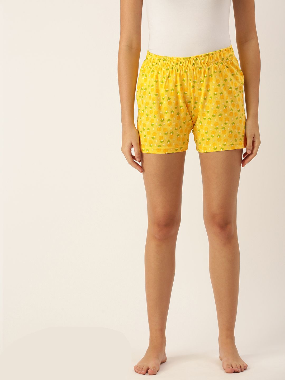 Clt s Women Yellow & Green Pure Cotton Conversational Printed Lounge Shorts Price in India