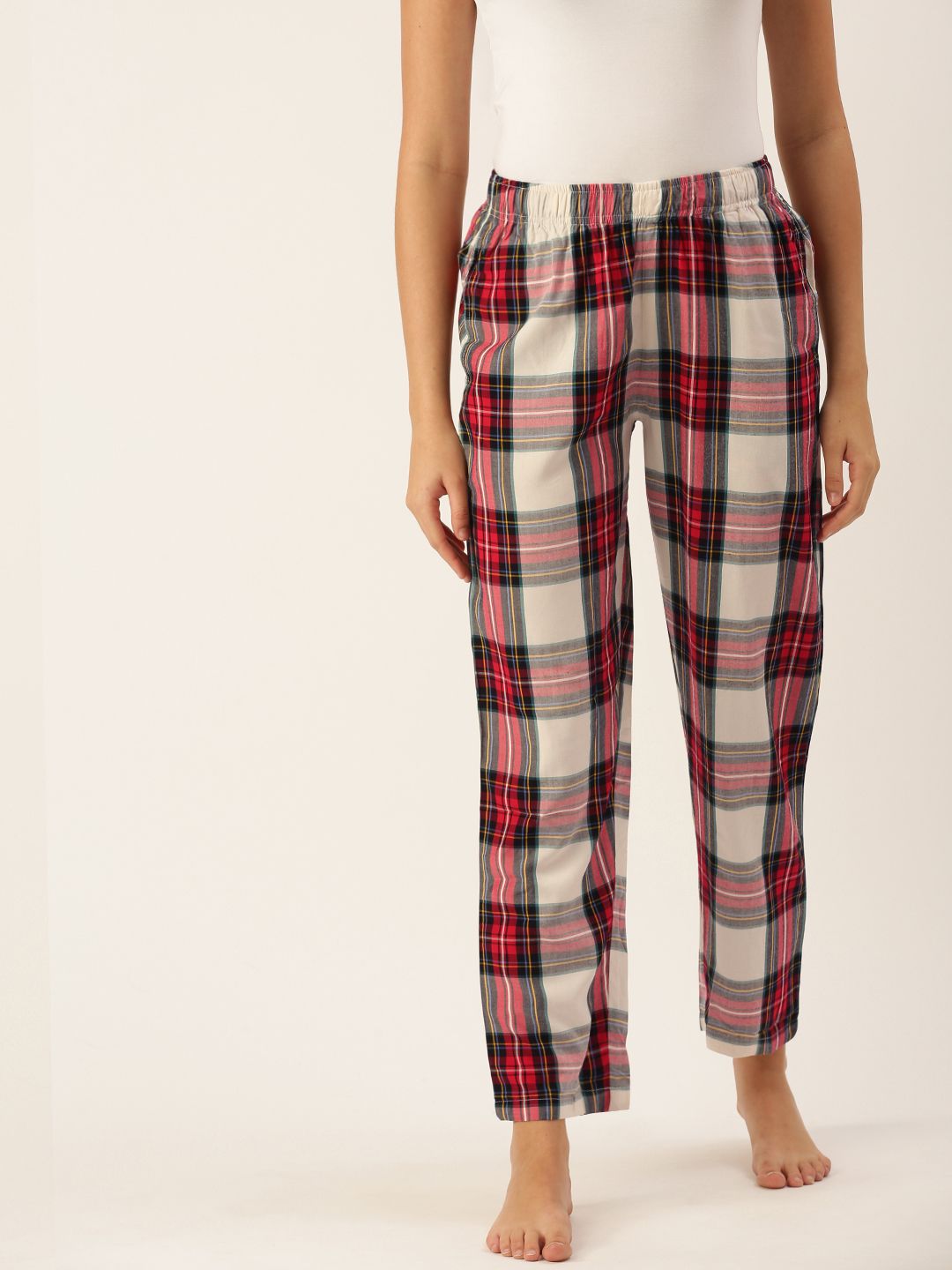 Clt.s Women Red & White Pure Cotton Checked Lounge Pyjamas Price in India