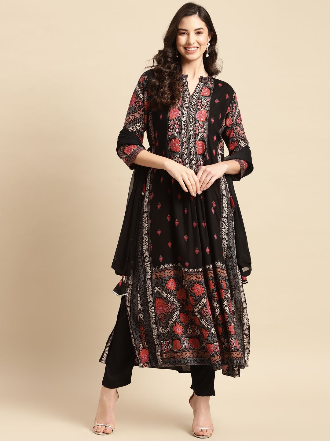 Prakhya Women Black Floral Printed Kurta with Palazzos & With Dupatta Price in India